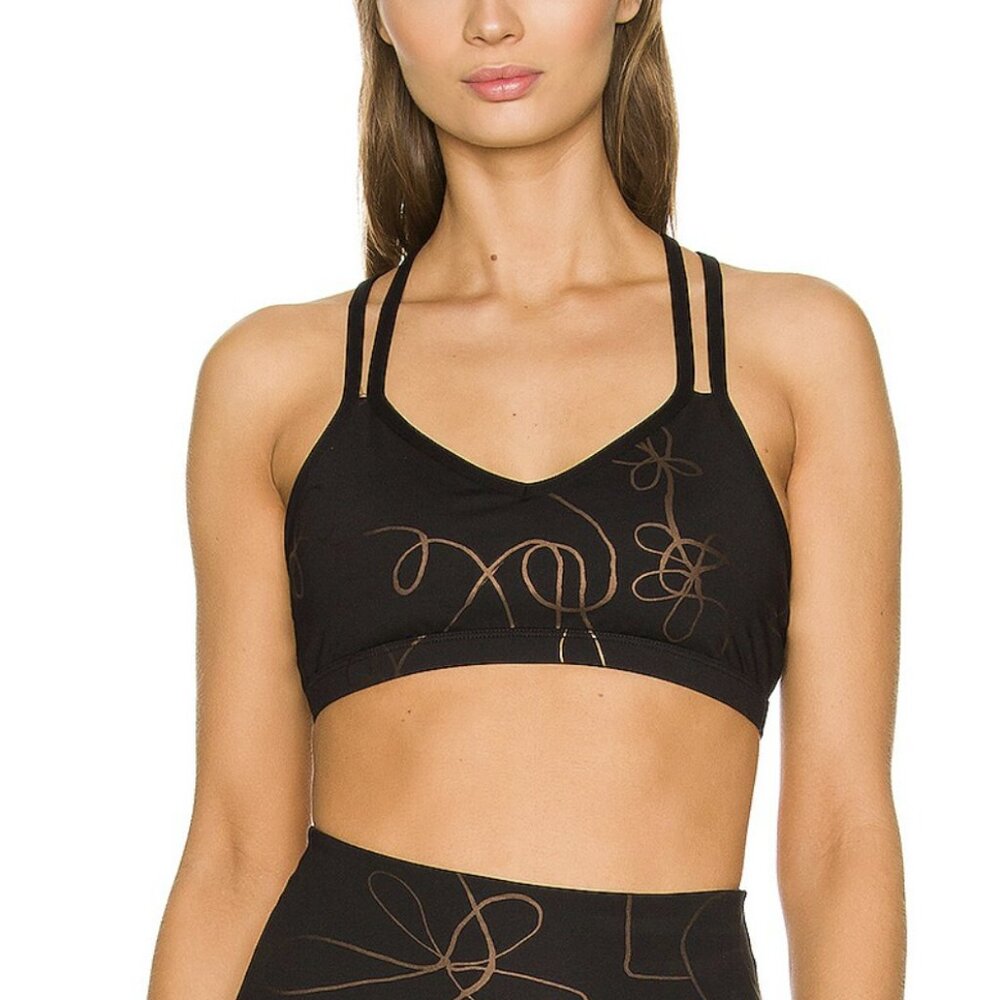 Beyond Yoga Double Back Bra Black Matte Brown Swirl Strappy Criss Cross Sz Large
